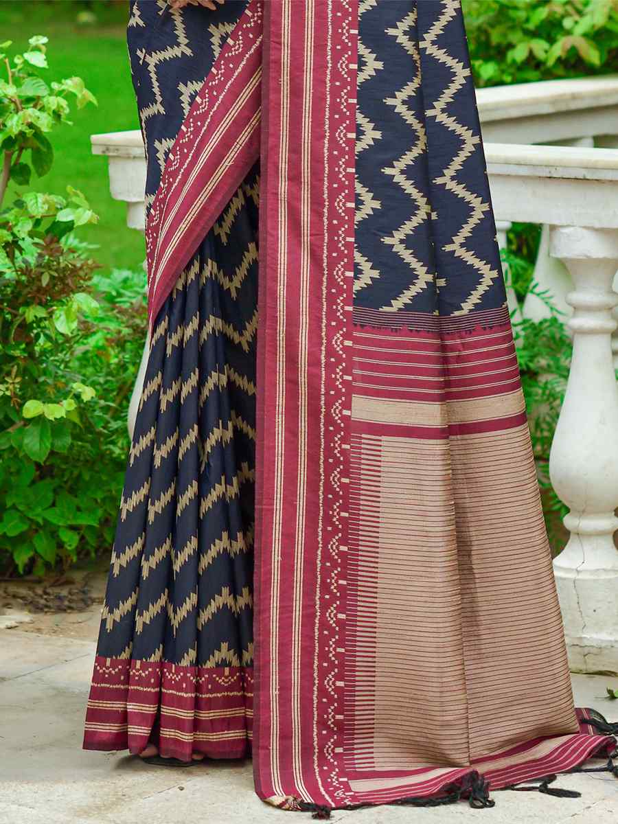 Navy Blue Handloom Raw Silk Printed Casual Festival Contemporary Saree