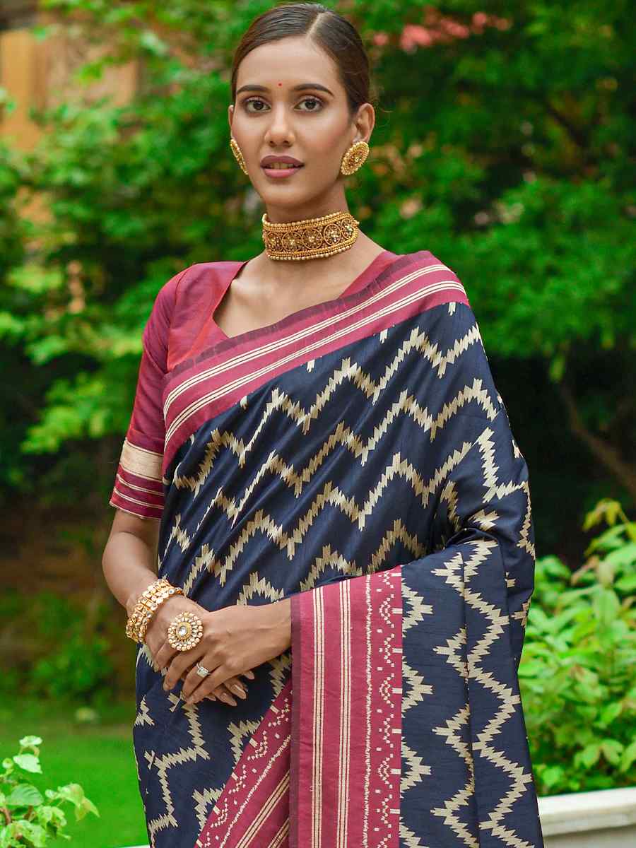 Navy Blue Handloom Raw Silk Printed Casual Festival Contemporary Saree