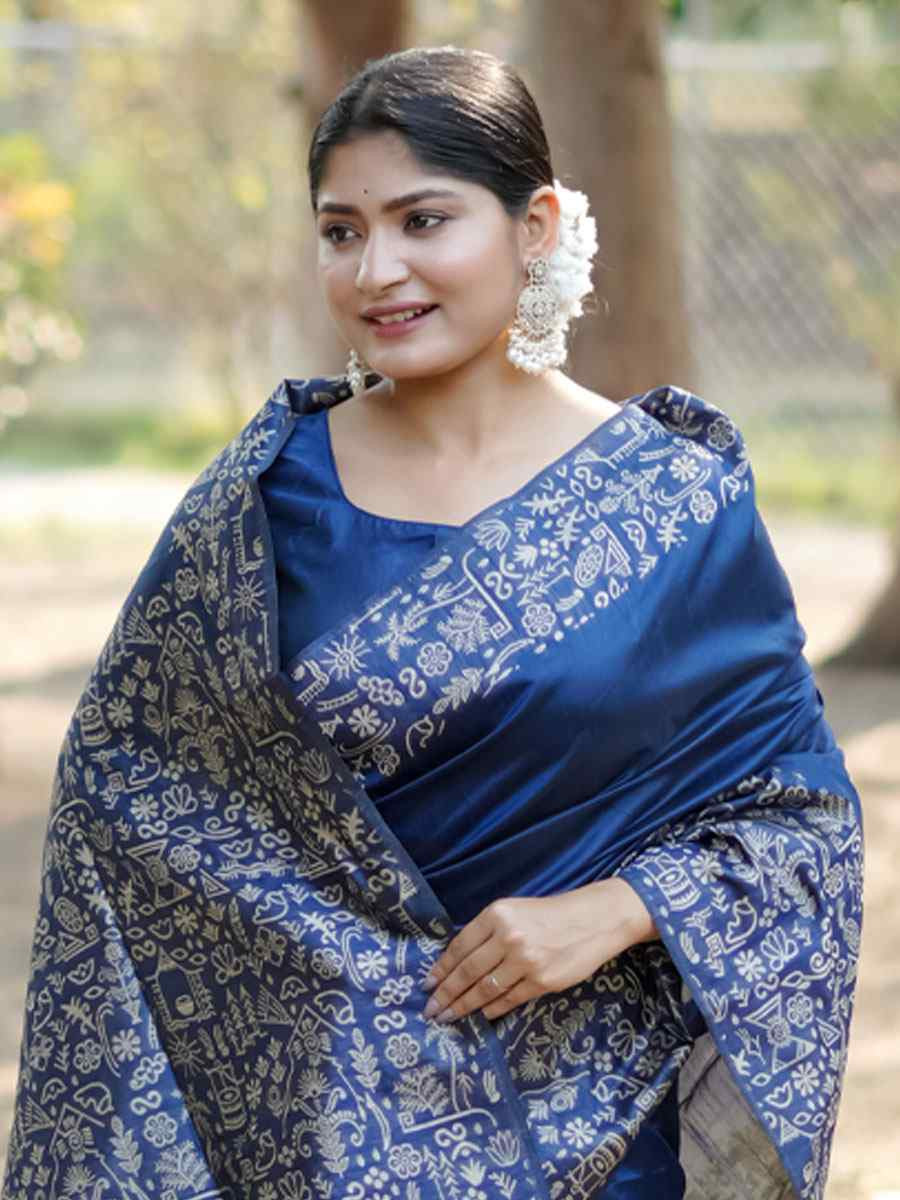 Navy Blue Handloom Raw Silk Printed Festival Wedding Fancy Heavy Border Saree