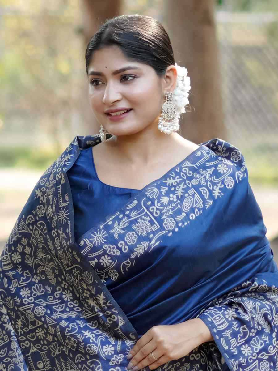Navy Blue Handloom Raw Silk Printed Festival Wedding Fancy Heavy Border Saree