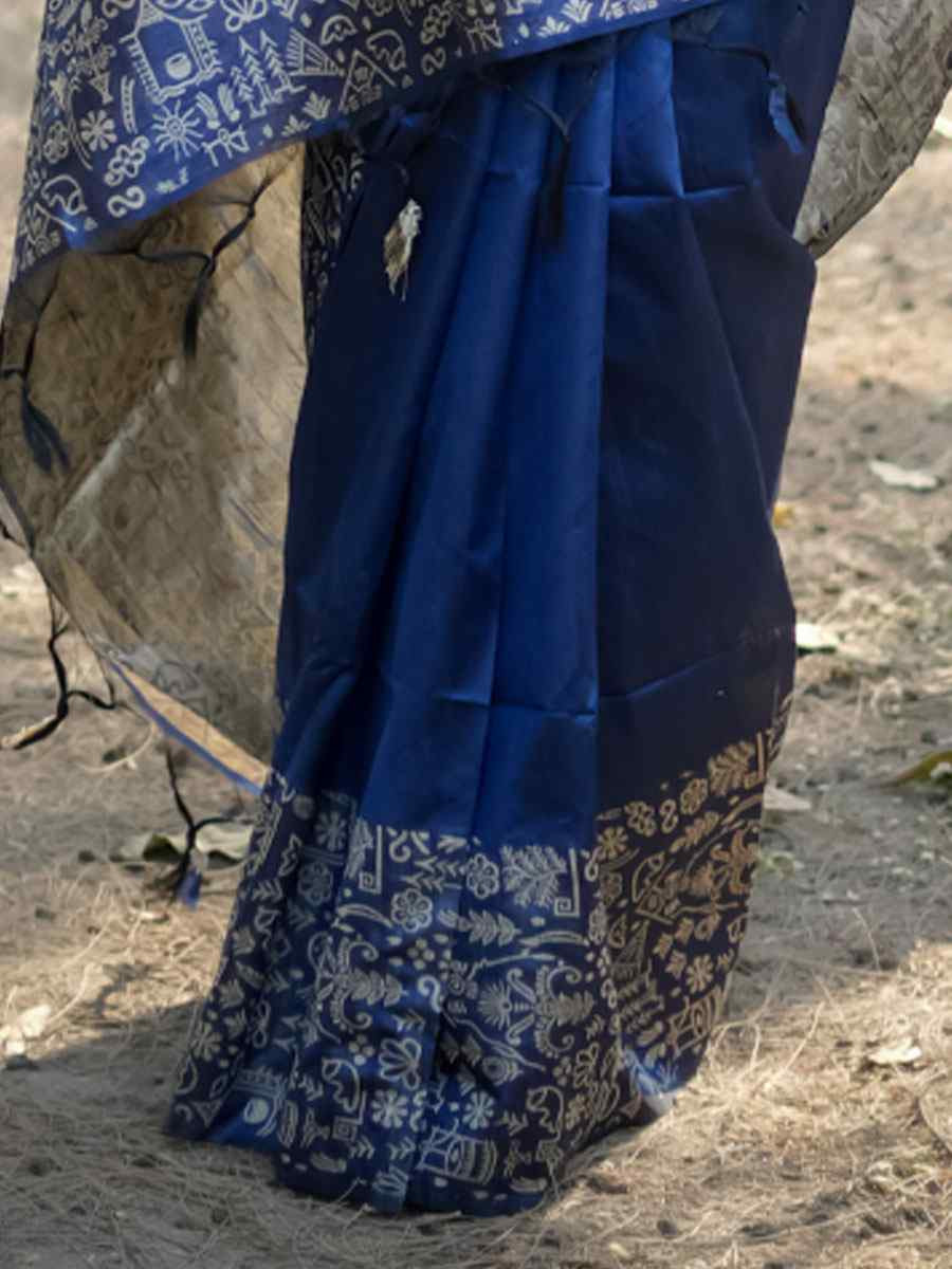 Navy Blue Handloom Raw Silk Printed Festival Wedding Fancy Heavy Border Saree