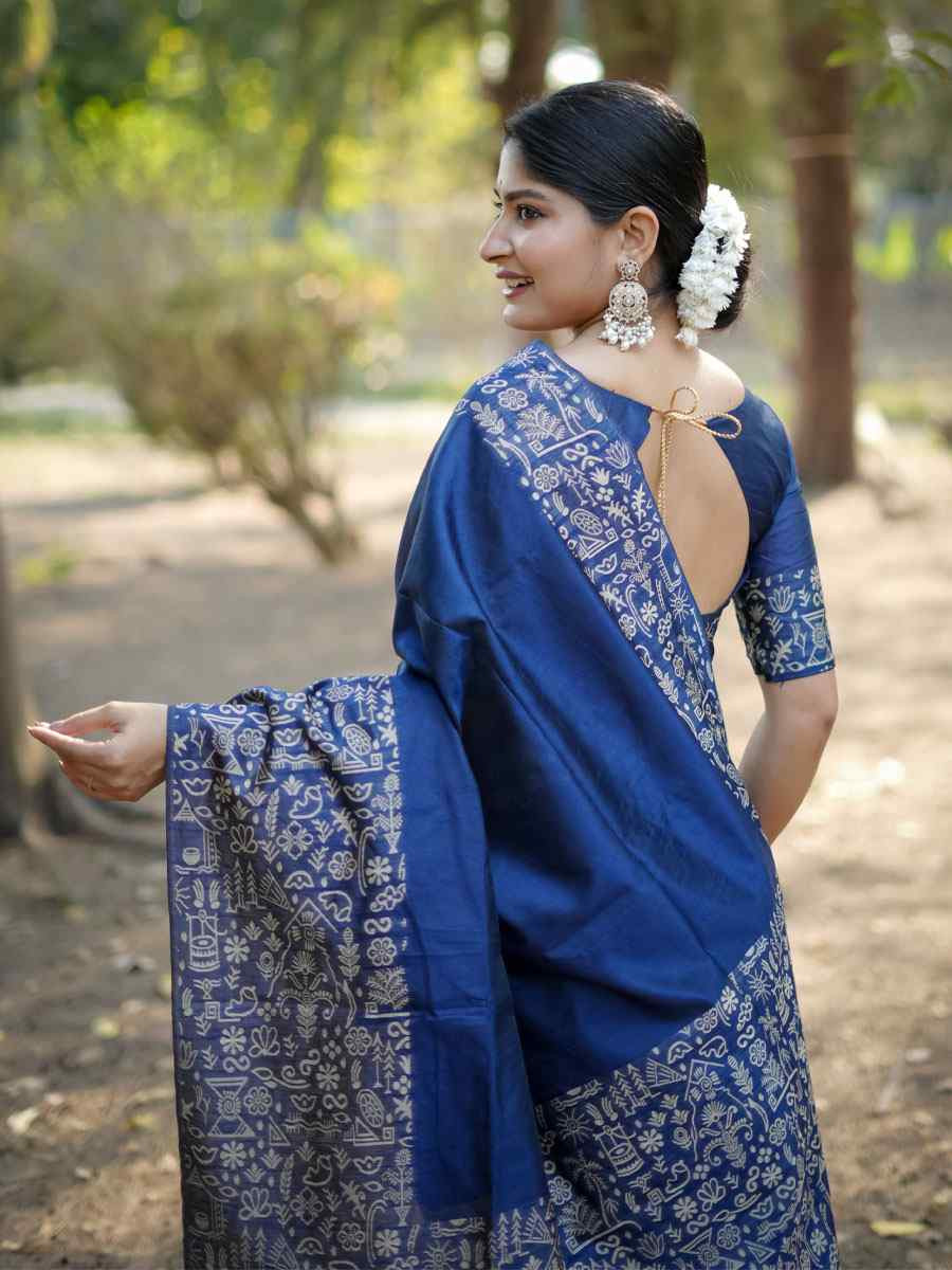Navy Blue Handloom Raw Silk Printed Festival Wedding Fancy Heavy Border Saree