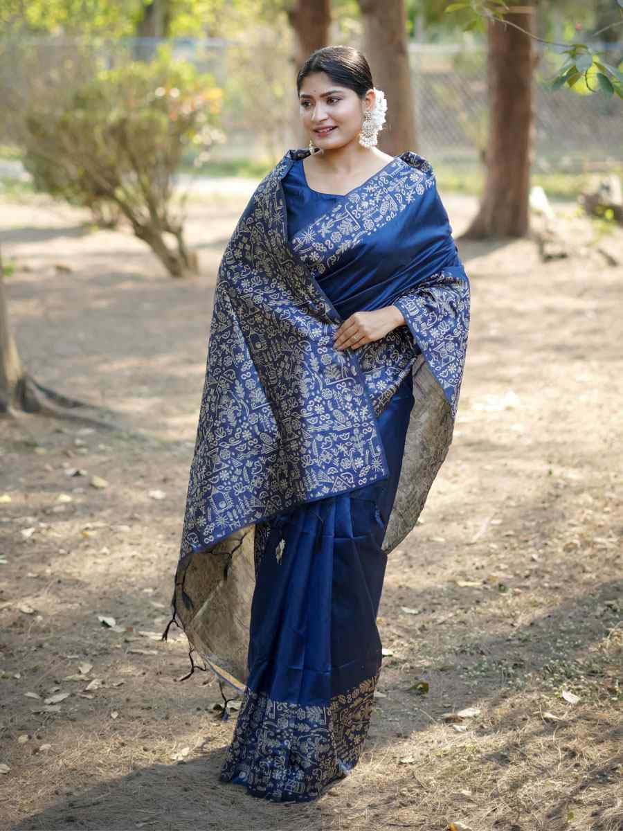 Navy Blue Handloom Raw Silk Printed Festival Wedding Fancy Heavy Border Saree