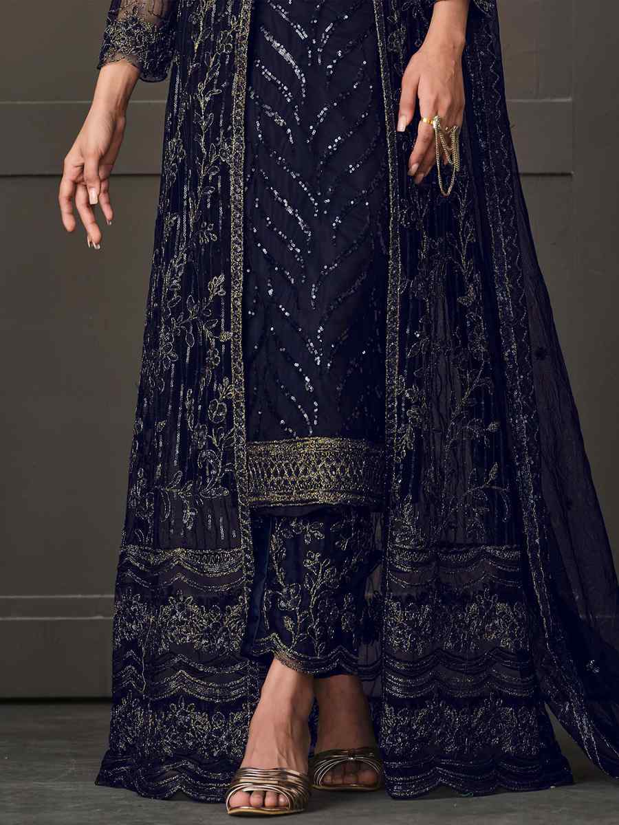 Navy Blue Heavy Butterfly Net Embroidered Party Wedding Lawn Pant Salwar Kameez