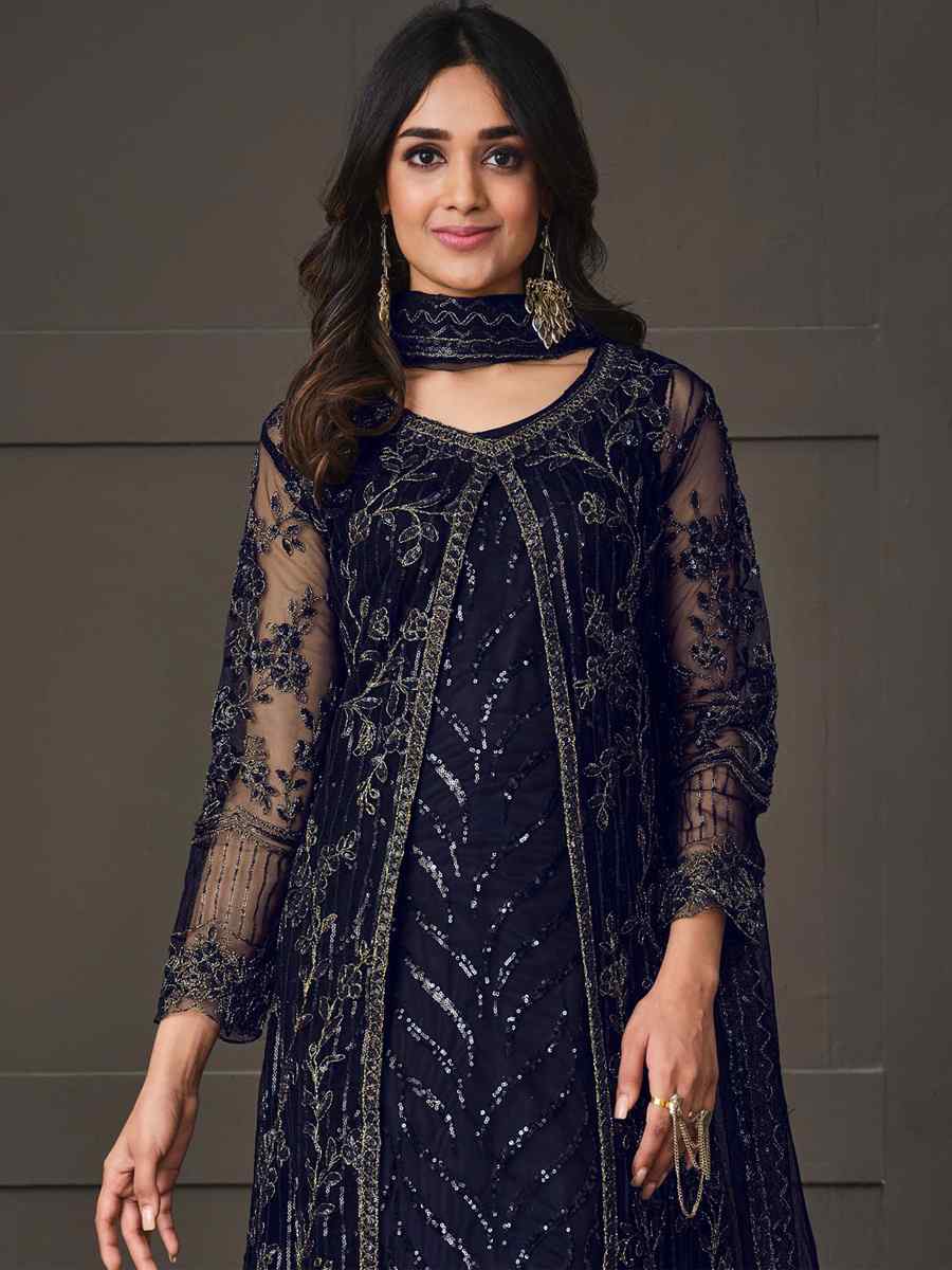 Navy Blue Heavy Butterfly Net Embroidered Party Wedding Lawn Pant Salwar Kameez