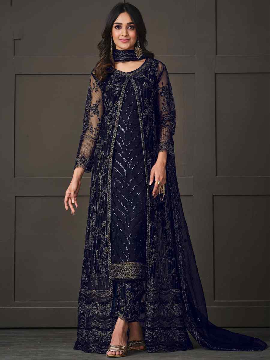 Navy Blue Heavy Butterfly Net Embroidered Party Wedding Lawn Pant Salwar Kameez