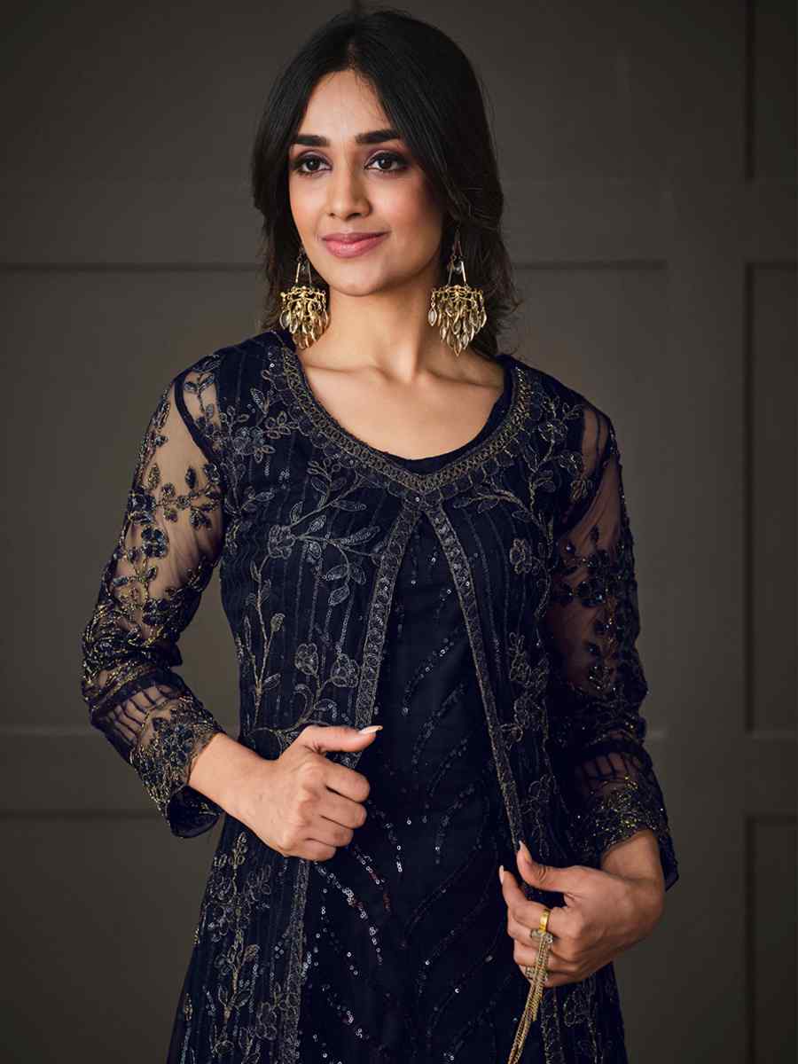 Navy Blue Heavy Butterfly Net Embroidered Party Wedding Lawn Pant Salwar Kameez