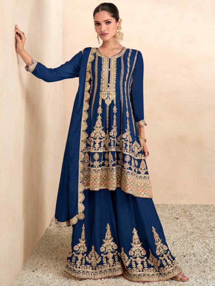 Navy Blue Heavy Chinon Embroidered Festival Wedding Palazzo Pant Salwar Kameez