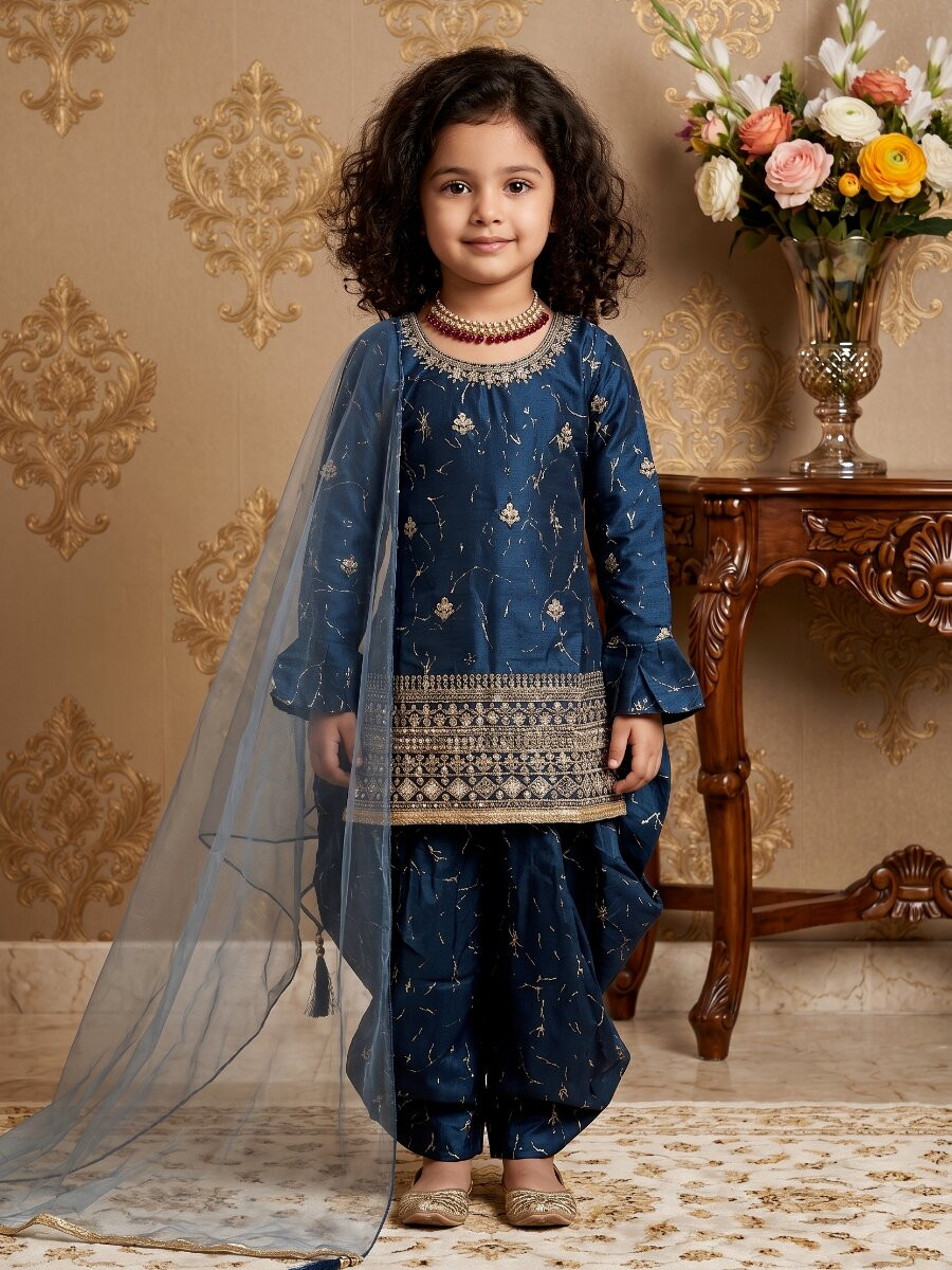 Navy Blue Heavy Chinon Silk Embroidered Sequence Digital Print With Lace Traditional Ethnic Casual Festival Party Wedding Salwars Girls Wear