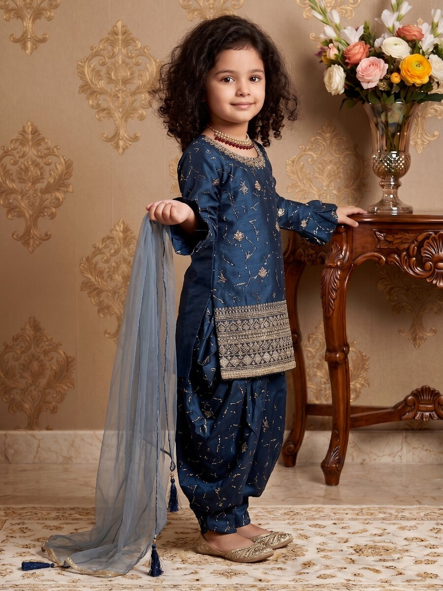 Navy Blue Heavy Chinon Silk Embroidered Sequence Digital Print With Lace Traditional Ethnic Casual Festival Party Wedding Salwars Girls Wear