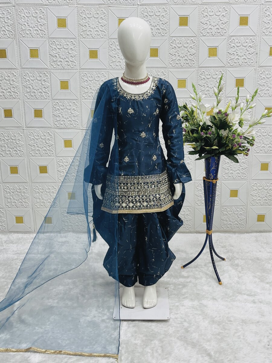 Navy Blue Heavy Chinon Silk Embroidered Sequence Digital Print With Lace Traditional Ethnic Casual Festival Party Wedding Salwars Girls Wear