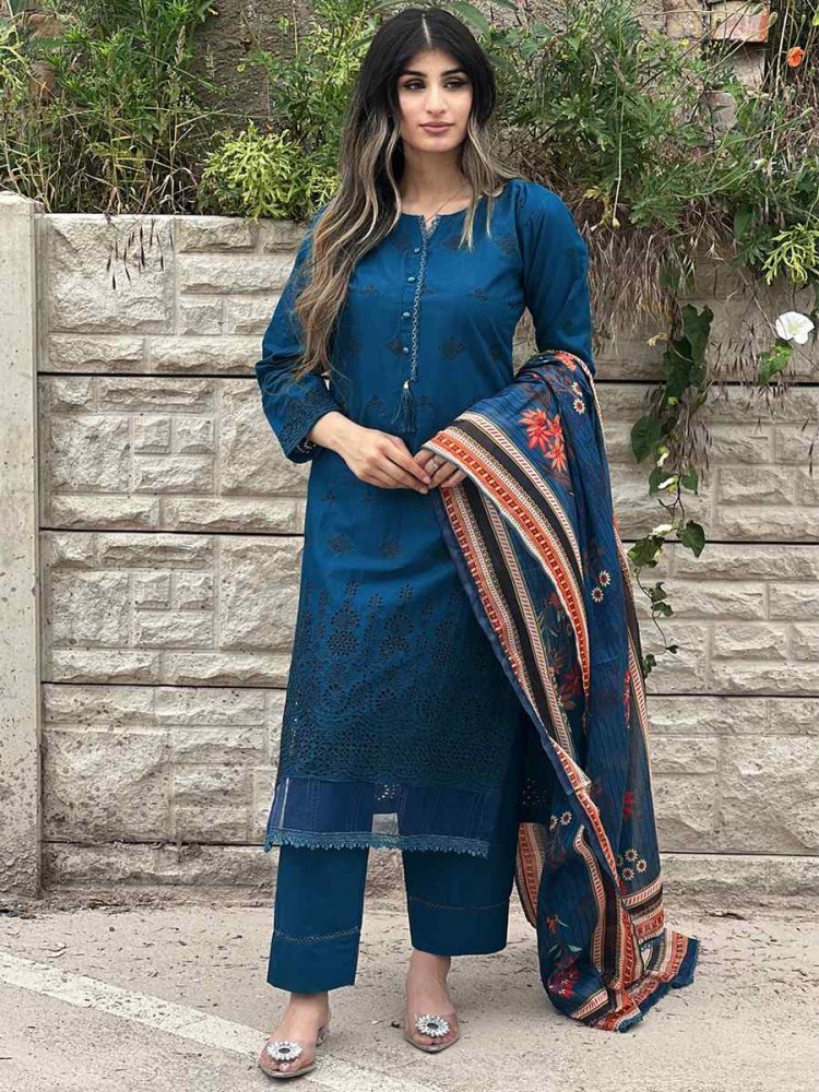 Navy Blue Heavy Cotton Embroidered Festival Casual Pant Salwar Kameez