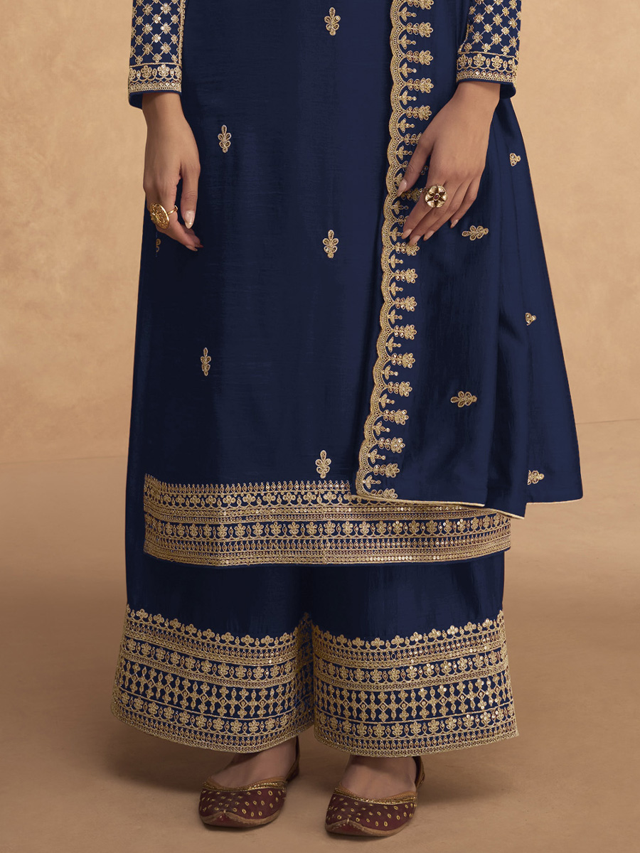 Navy Blue Heavy Faux Georgette Embroidered Festival Mehendi Palazzo Pant Salwar Kameez