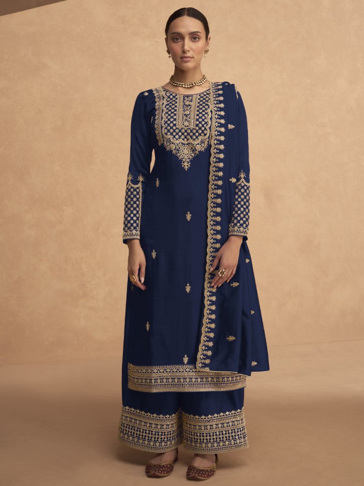 Navy Blue Heavy Faux Georgette Embroidered Festival Mehendi Palazzo Pant Salwar Kameez