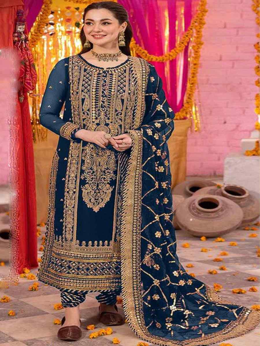 Navy Blue Heavy Faux Georgette Embroidered Festival Mehendi Pant Salwar Kameez