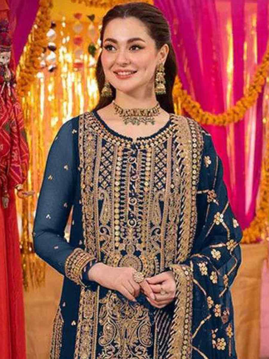 Navy Blue Heavy Faux Georgette Embroidered Festival Mehendi Pant Salwar Kameez