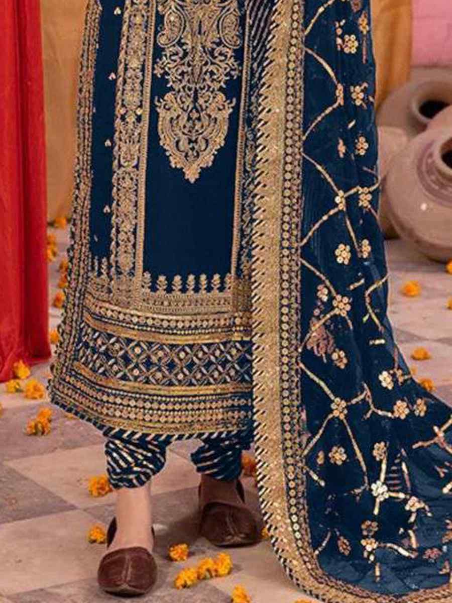 Navy Blue Heavy Faux Georgette Embroidered Festival Mehendi Pant Salwar Kameez
