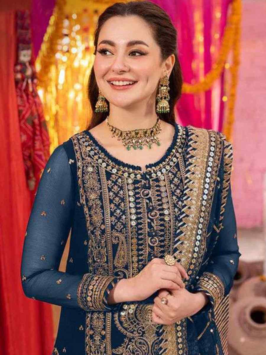 Navy Blue Heavy Faux Georgette Embroidered Festival Mehendi Pant Salwar Kameez