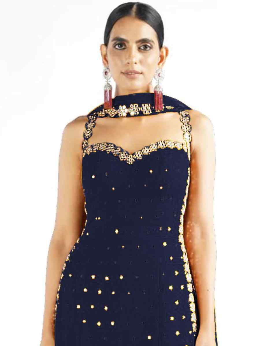 Navy Blue Heavy Faux Georgette Embroidered Festival Palazzo Pant Salwar Kameez