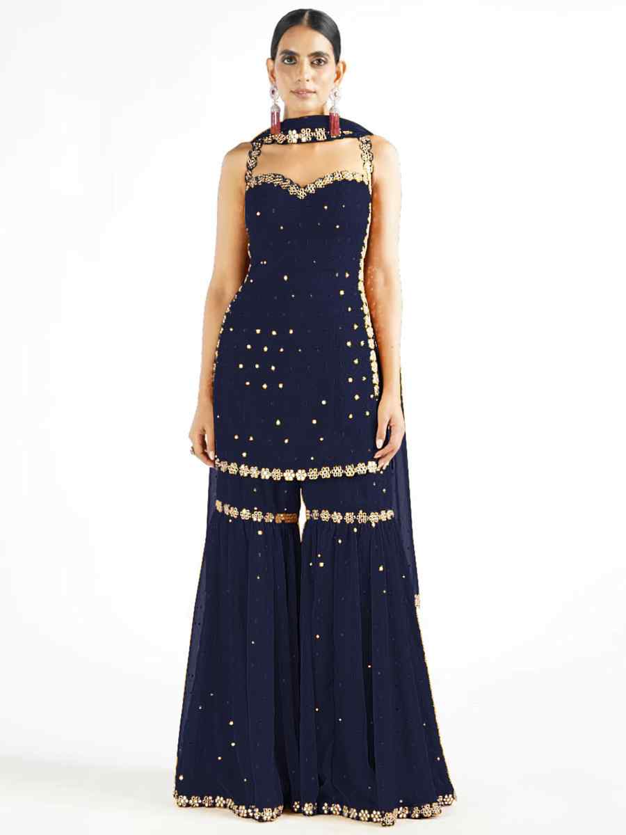 Navy Blue Heavy Faux Georgette Embroidered Festival Palazzo Pant Salwar Kameez