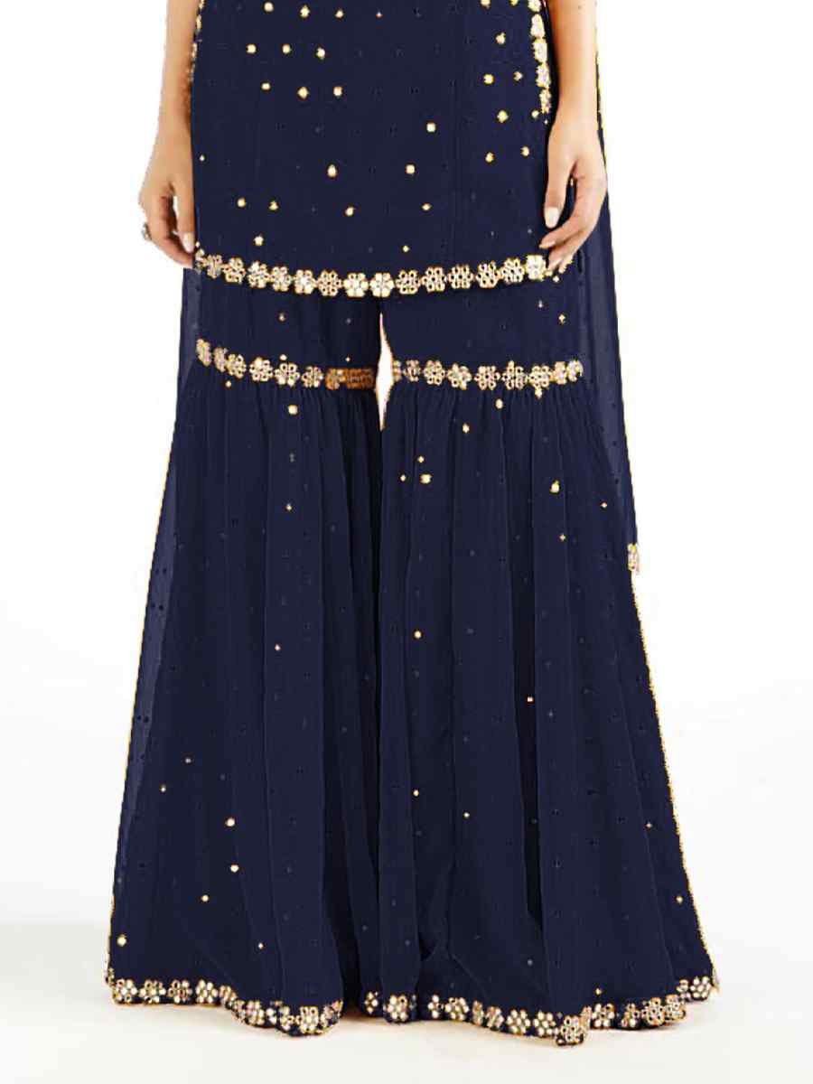 Navy Blue Heavy Faux Georgette Embroidered Festival Palazzo Pant Salwar Kameez