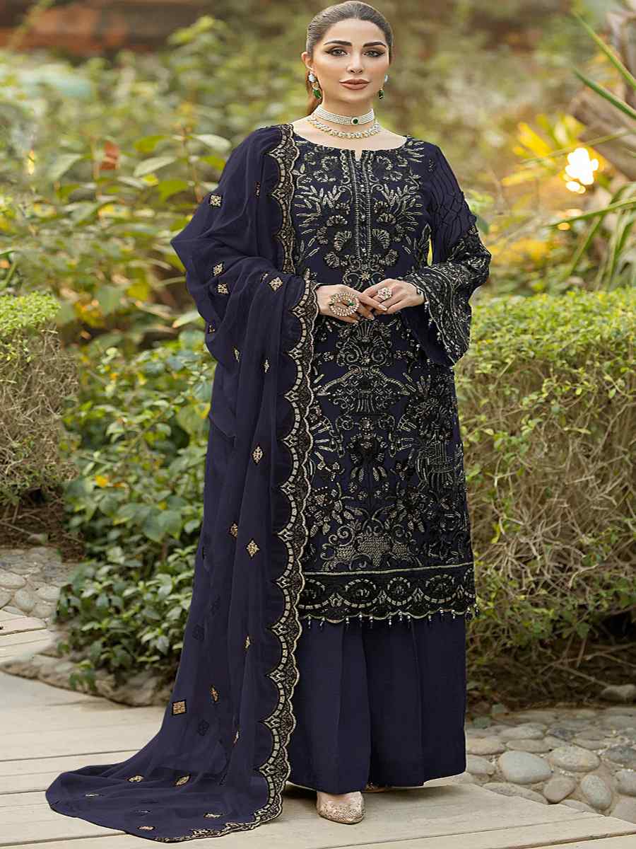 Navy Blue Heavy Faux Georgette Embroidered Festival Party Palazzo Pant Salwar Kameez