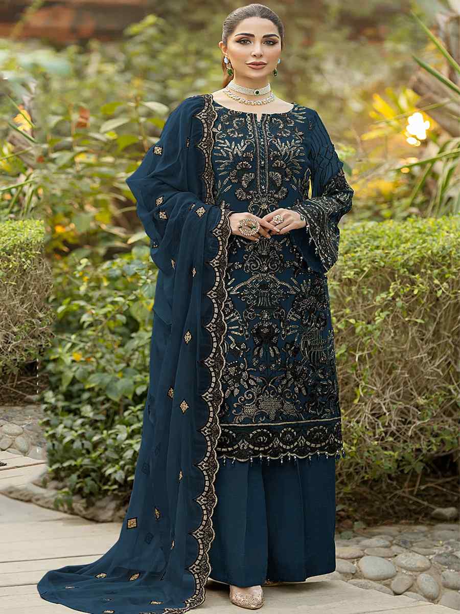 Navy Blue Heavy Faux Georgette Embroidered Festival Party Palazzo Pant Salwar Kameez