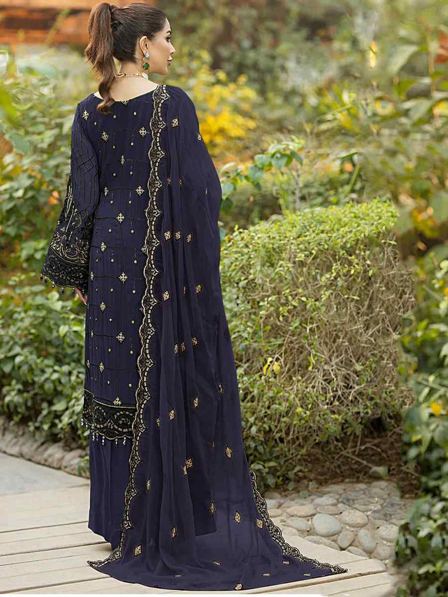 Navy Blue Heavy Faux Georgette Embroidered Festival Party Palazzo Pant Salwar Kameez