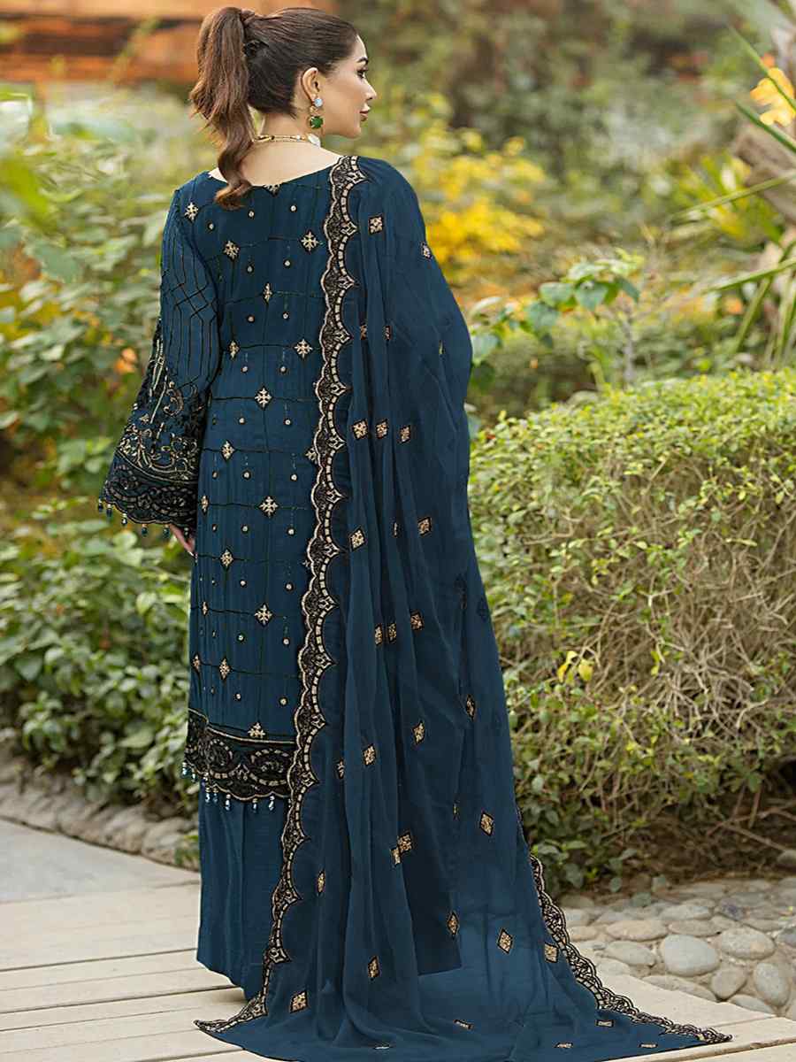 Navy Blue Heavy Faux Georgette Embroidered Festival Party Palazzo Pant Salwar Kameez