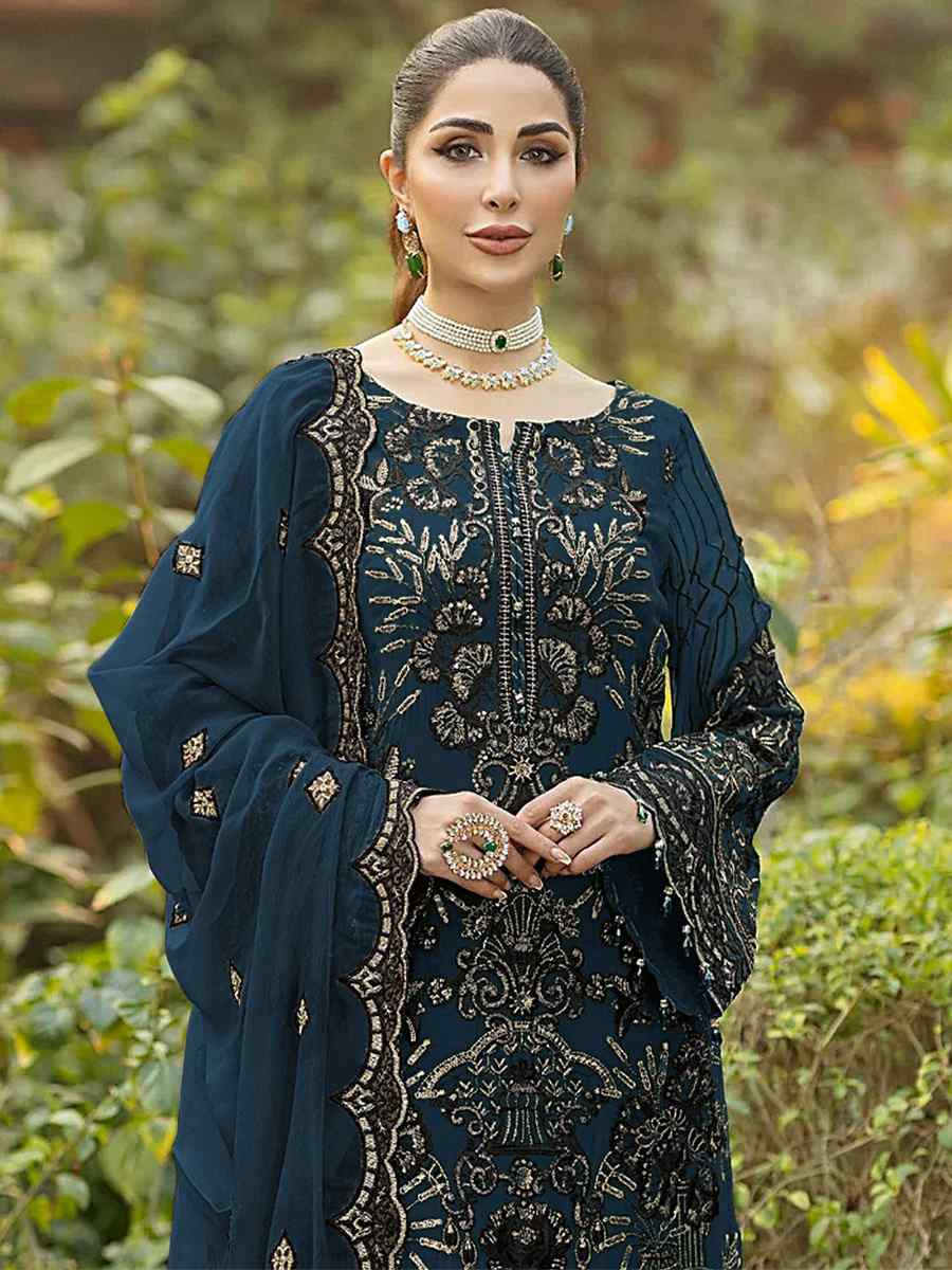 Navy Blue Heavy Faux Georgette Embroidered Festival Party Palazzo Pant Salwar Kameez