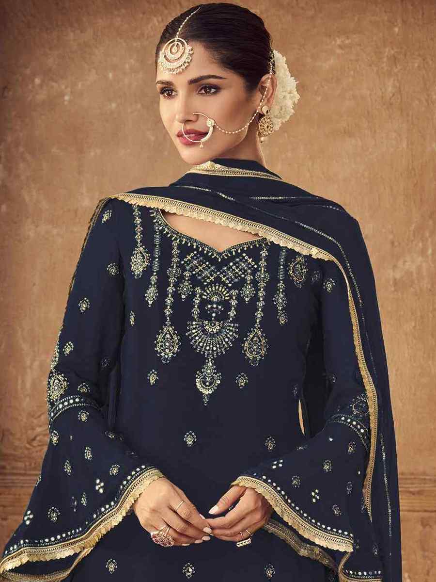 Navy Blue Heavy Faux Georgette Embroidered Festival Party Palazzo Pant Salwar Kameez