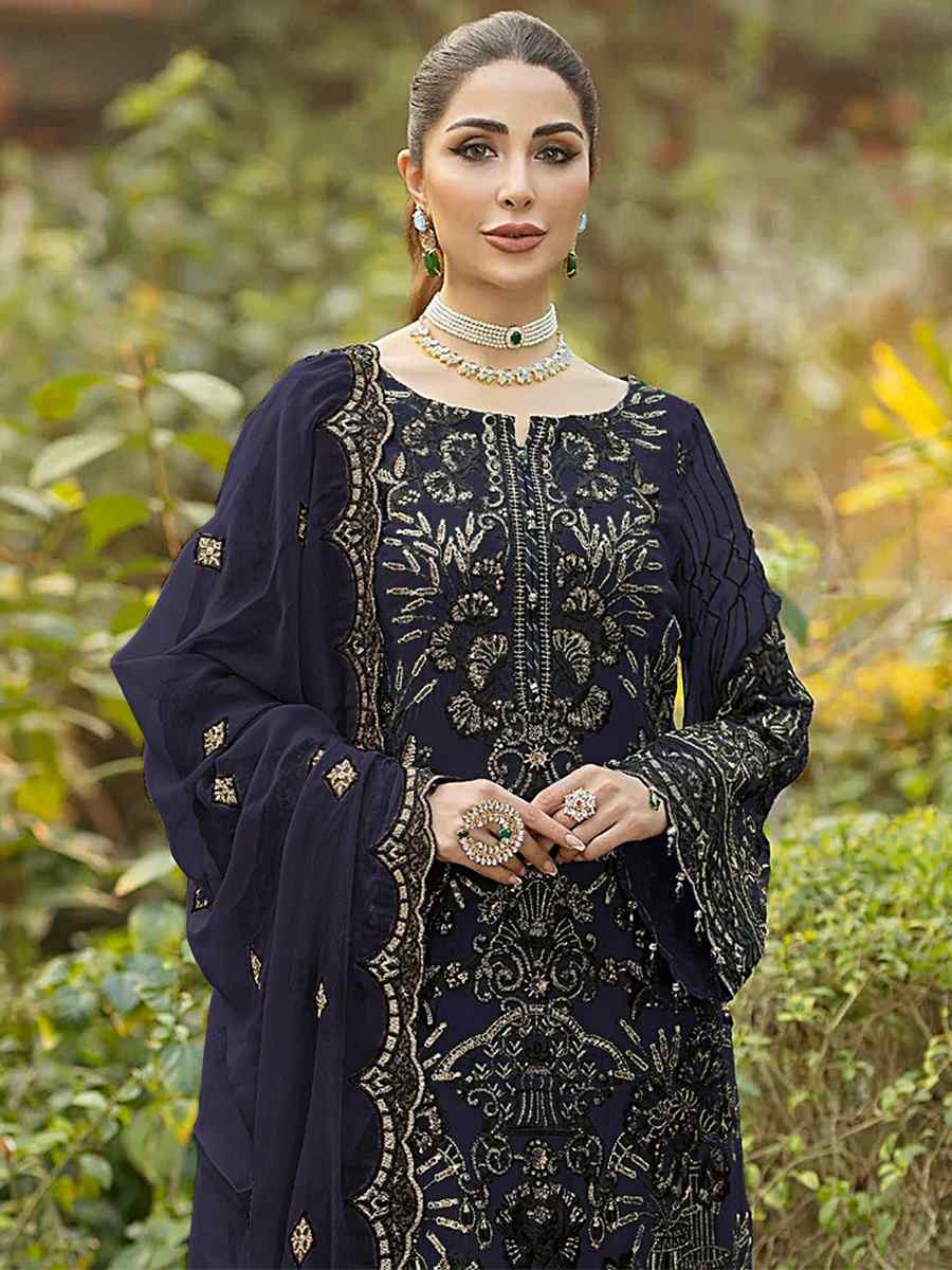 Navy Blue Heavy Faux Georgette Embroidered Festival Party Palazzo Pant Salwar Kameez