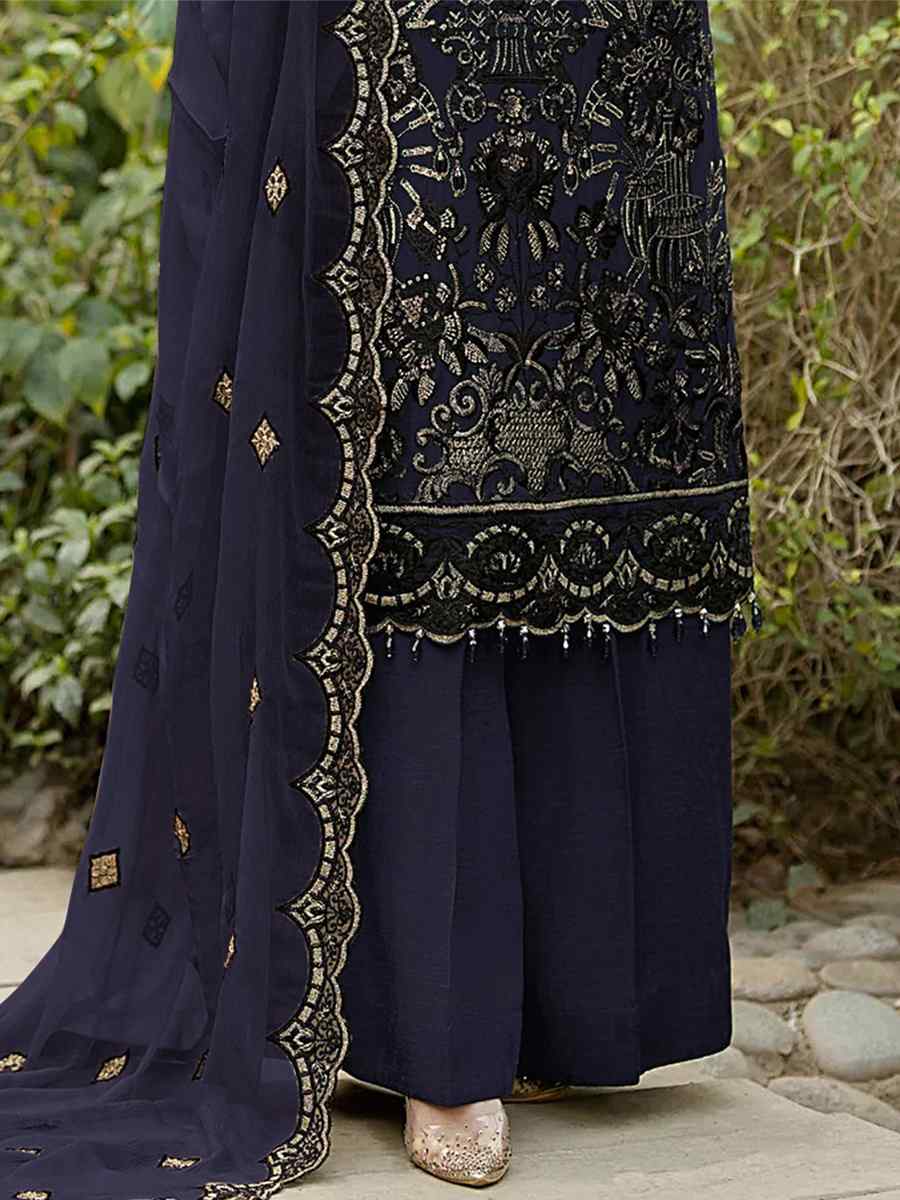 Navy Blue Heavy Faux Georgette Embroidered Festival Party Palazzo Pant Salwar Kameez