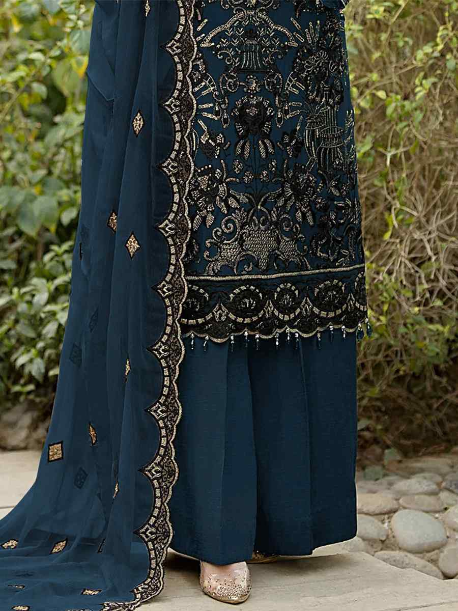 Navy Blue Heavy Faux Georgette Embroidered Festival Party Palazzo Pant Salwar Kameez