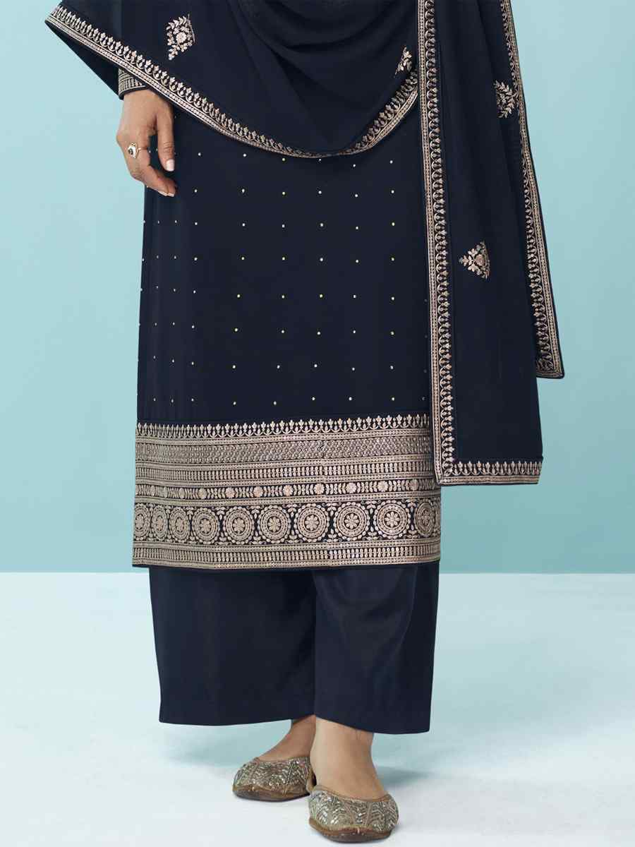 Navy Blue Heavy Faux Georgette Embroidered Festival Party Pant Salwar Kameez