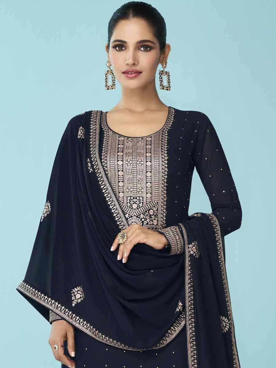 Navy Blue Heavy Faux Georgette Embroidered Festival Party Pant Salwar Kameez