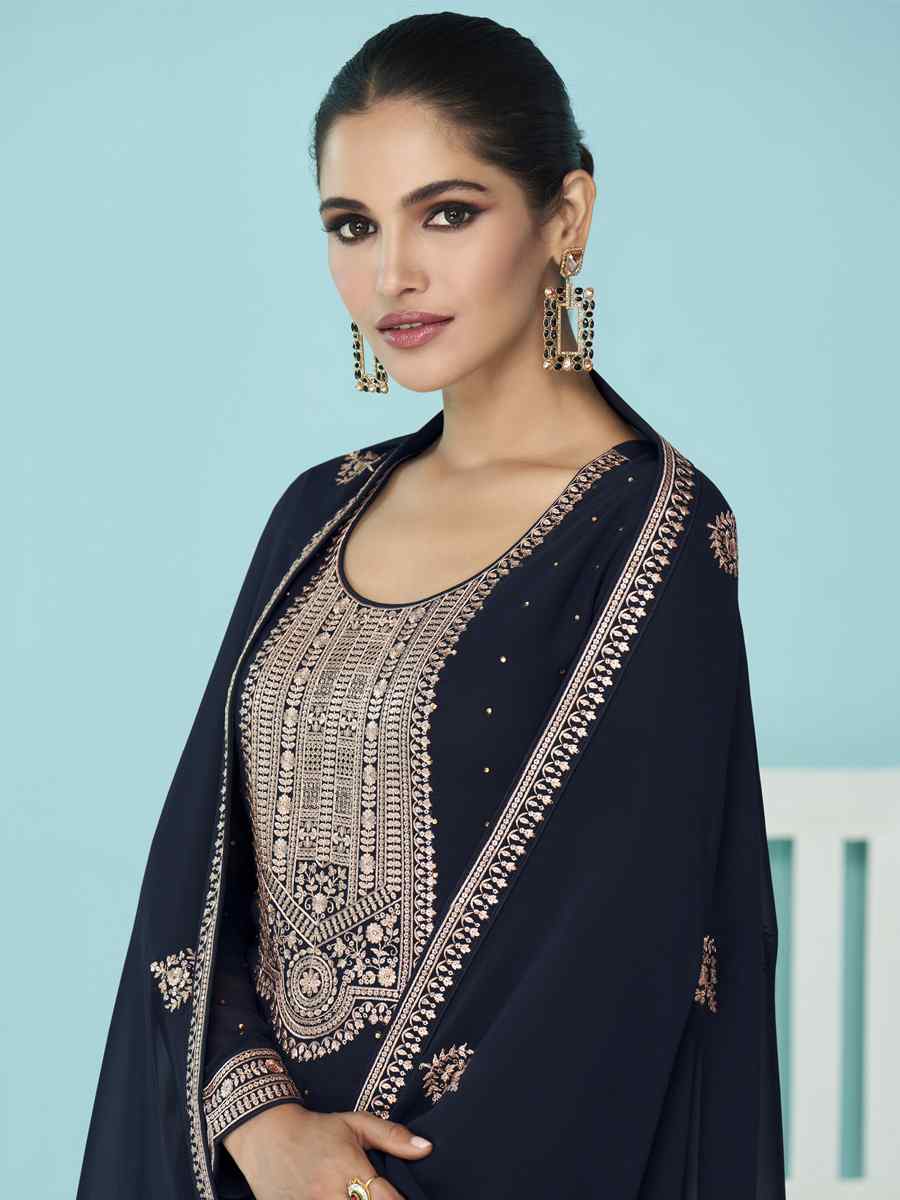 Navy Blue Heavy Faux Georgette Embroidered Festival Party Pant Salwar Kameez