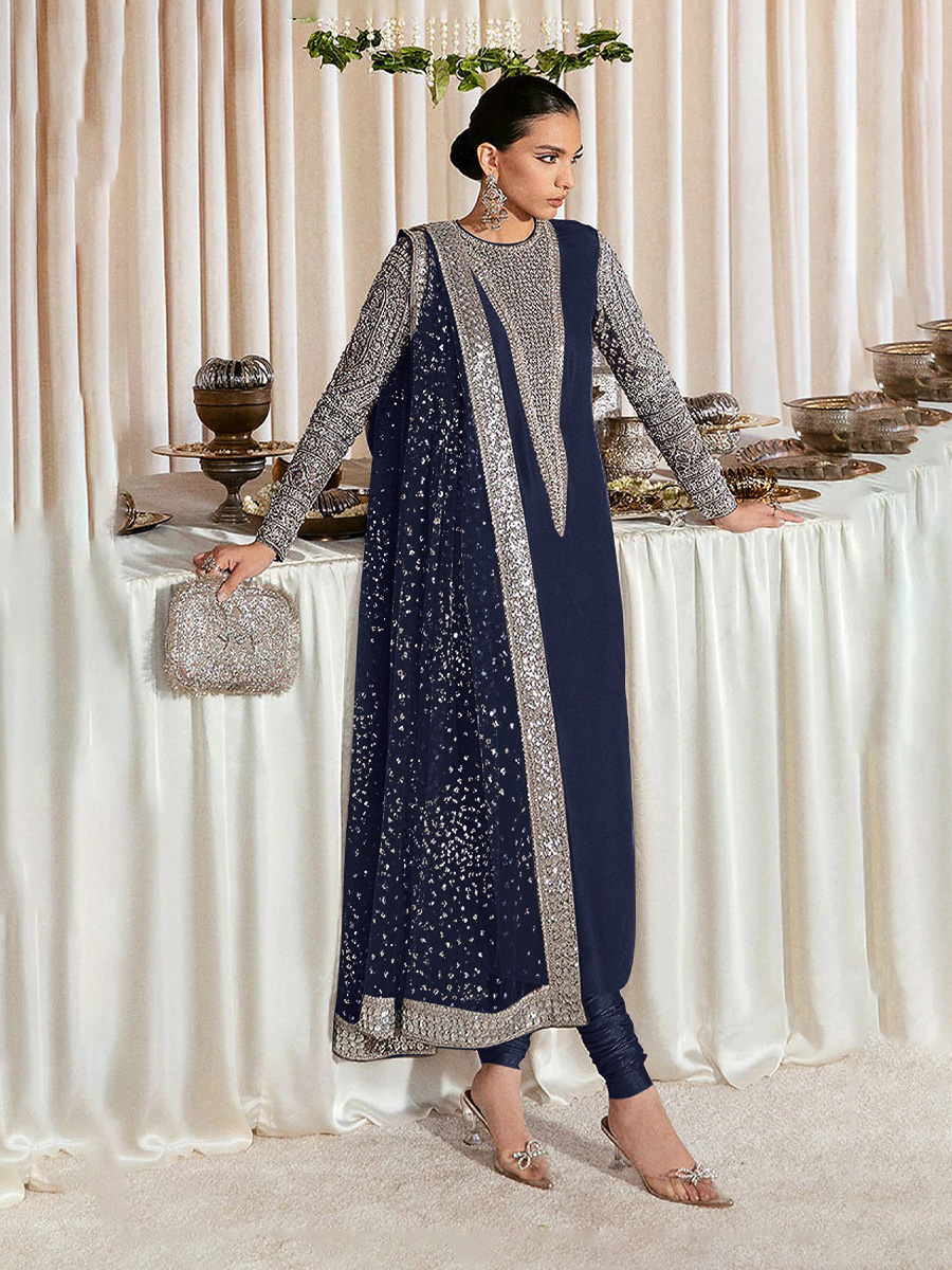 Navy Blue Heavy Faux Georgette Embroidered Festival Party Pant Salwar Kameez