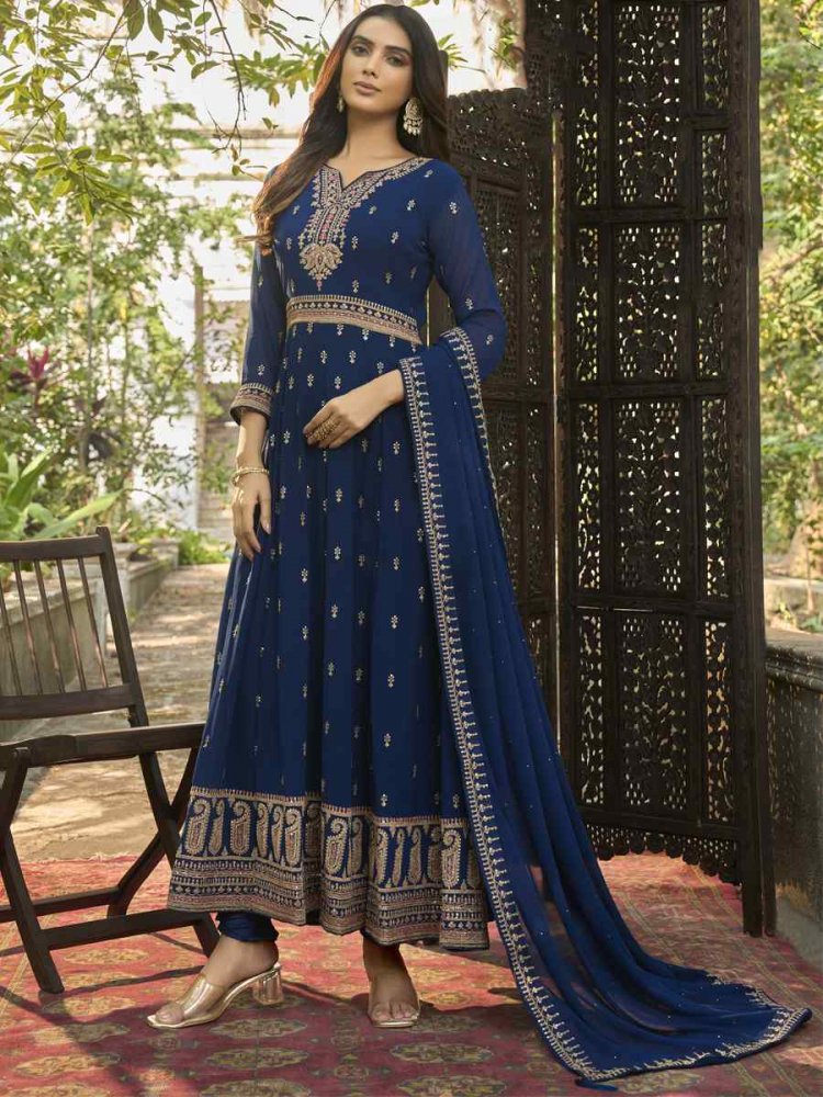 Navy Blue Heavy Faux Georgette Embroidered Festival Wedding Anarkali Salwar Kameez