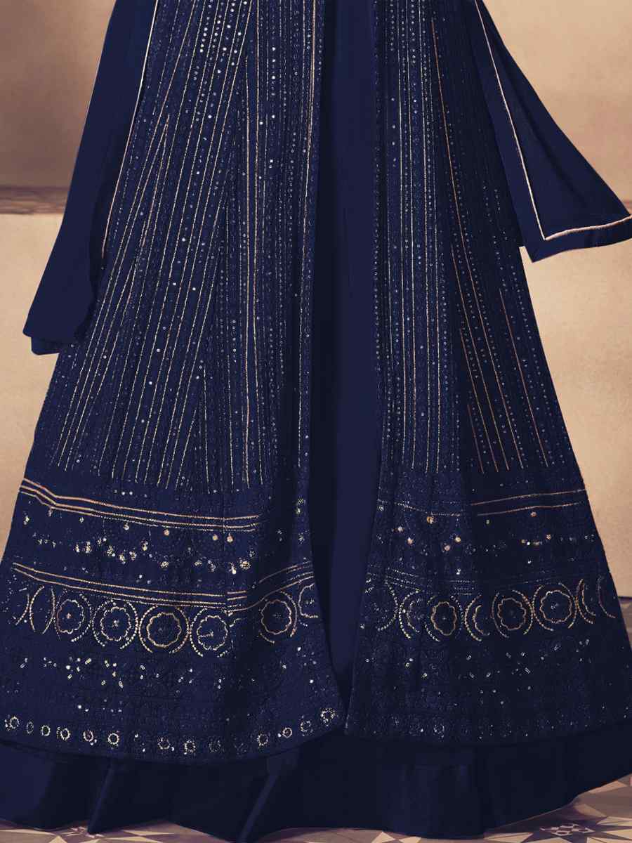 Navy Blue Heavy Faux Georgette Embroidered Festival Wedding Anarkali Salwar Kameez