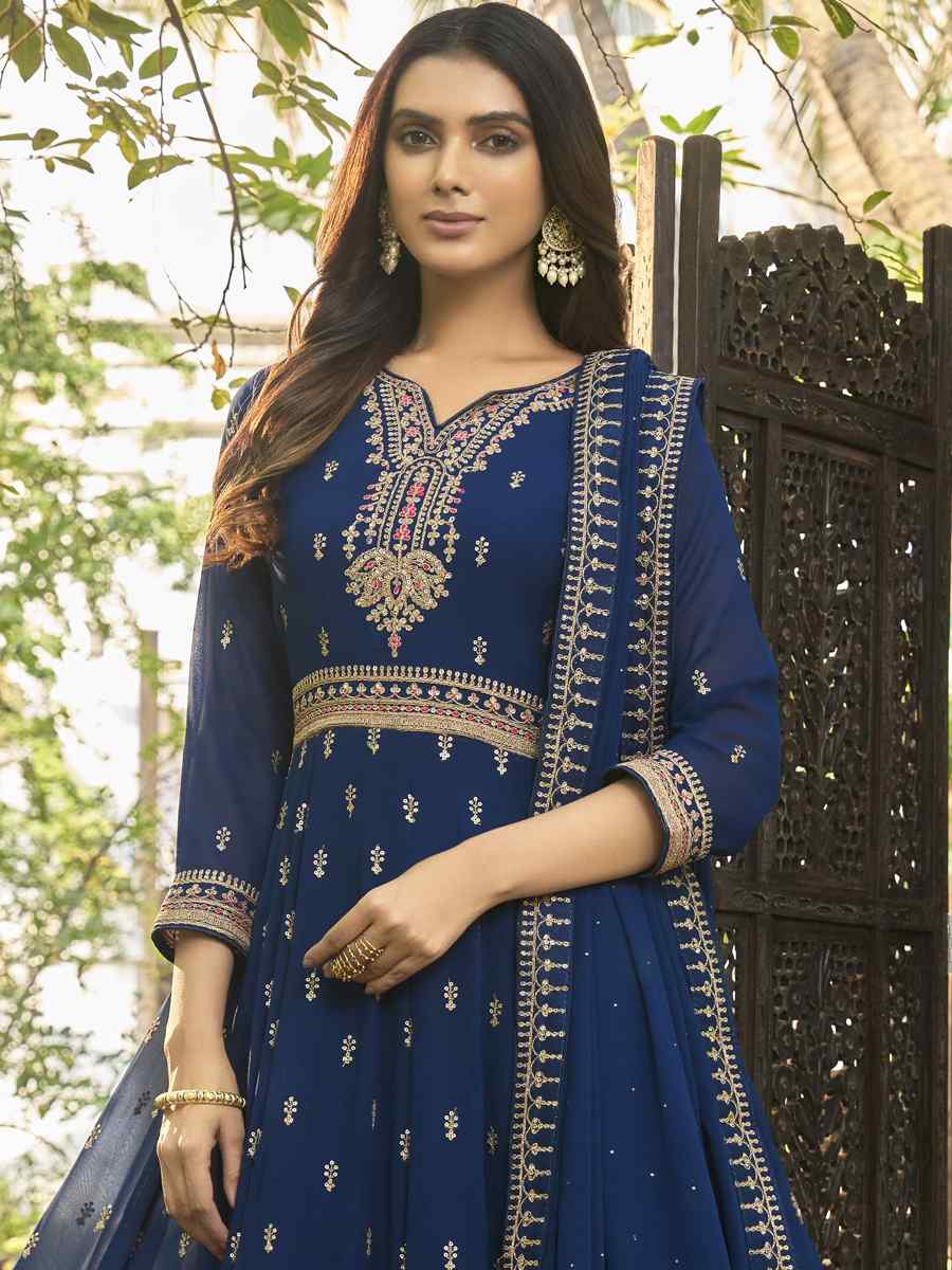 Navy Blue Heavy Faux Georgette Embroidered Festival Wedding Anarkali Salwar Kameez