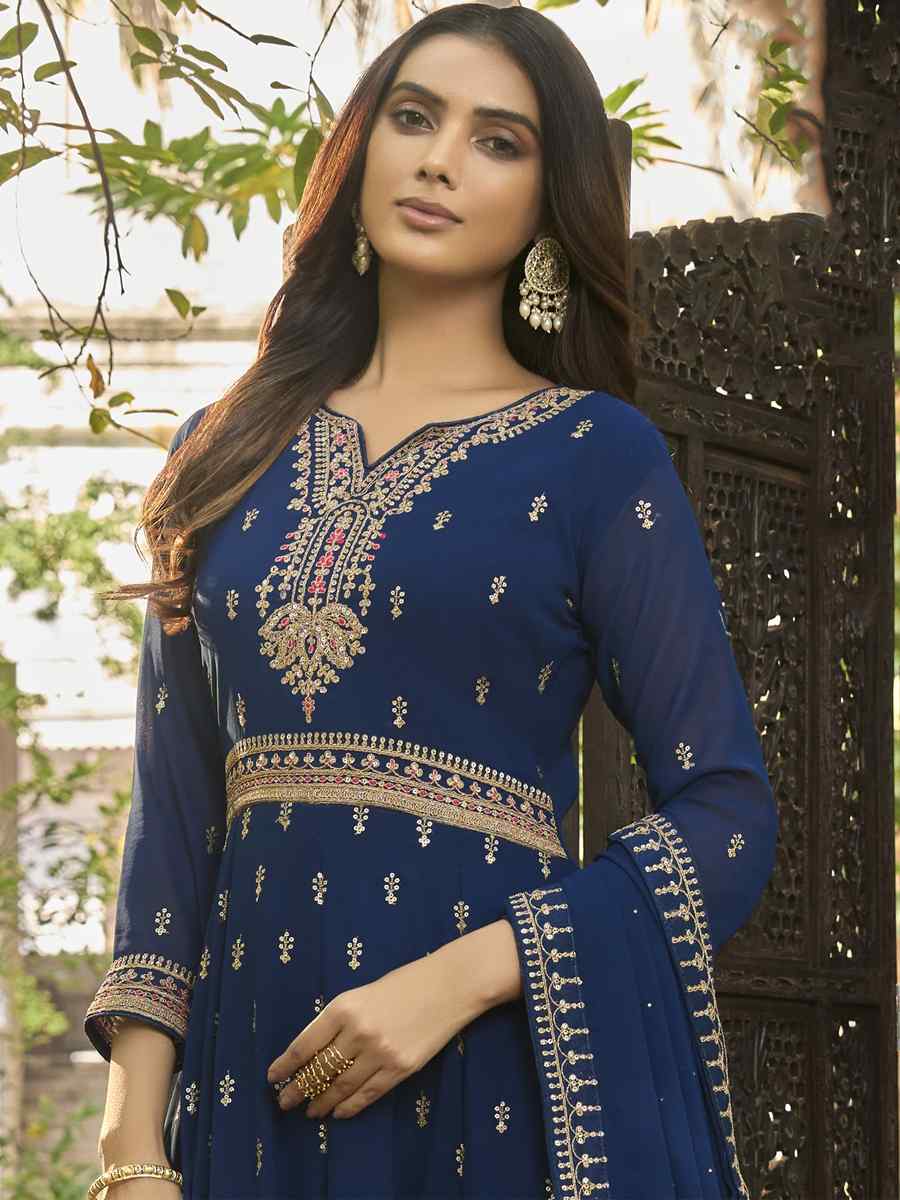 Navy Blue Heavy Faux Georgette Embroidered Festival Wedding Anarkali Salwar Kameez