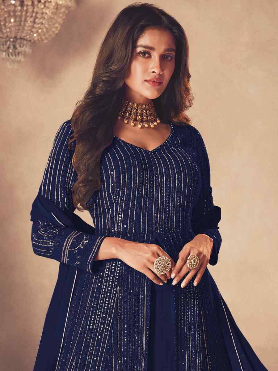 Navy Blue Heavy Faux Georgette Embroidered Festival Wedding Anarkali Salwar Kameez