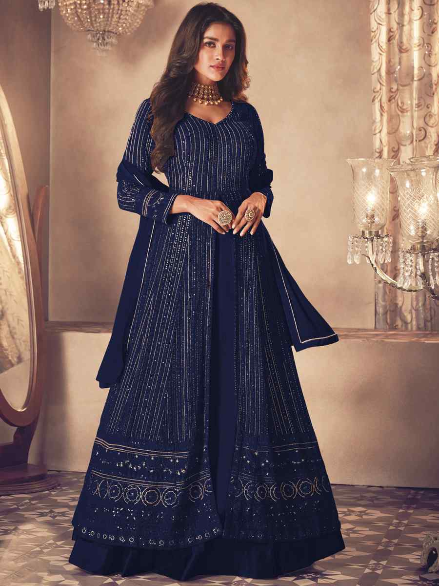 Navy Blue Heavy Faux Georgette Embroidered Festival Wedding Anarkali Salwar Kameez