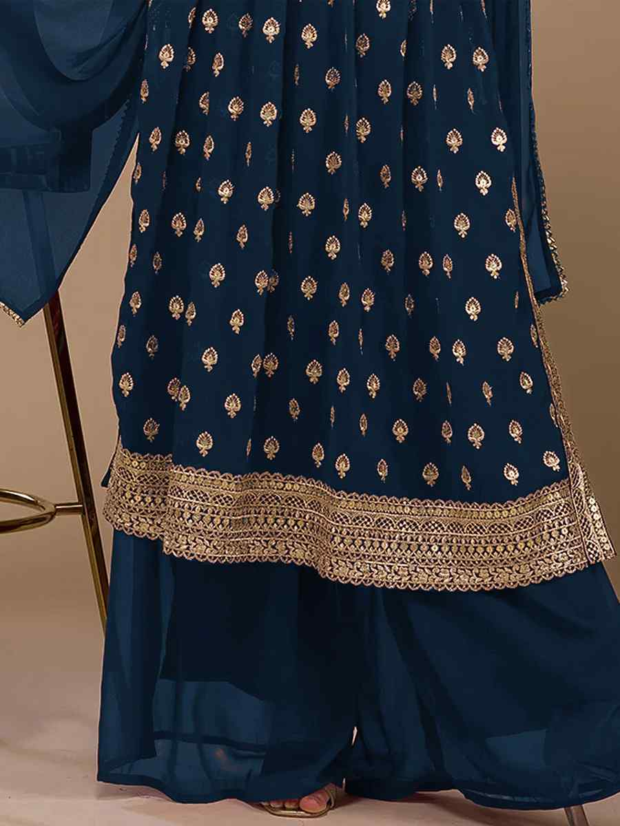 Navy Blue Heavy Faux Georgette Embroidered Festival Wedding Palazzo Pant Salwar Kameez