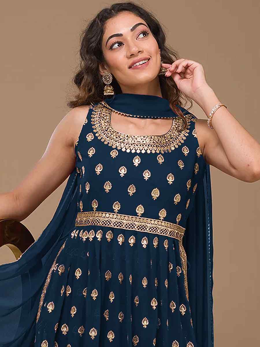 Navy Blue Heavy Faux Georgette Embroidered Festival Wedding Palazzo Pant Salwar Kameez