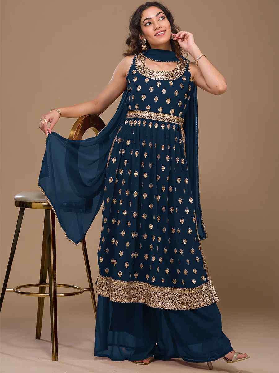 Navy Blue Heavy Faux Georgette Embroidered Festival Wedding Palazzo Pant Salwar Kameez