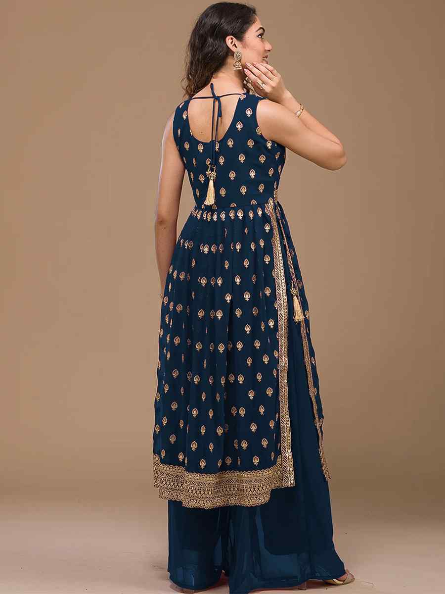 Navy Blue Heavy Faux Georgette Embroidered Festival Wedding Palazzo Pant Salwar Kameez
