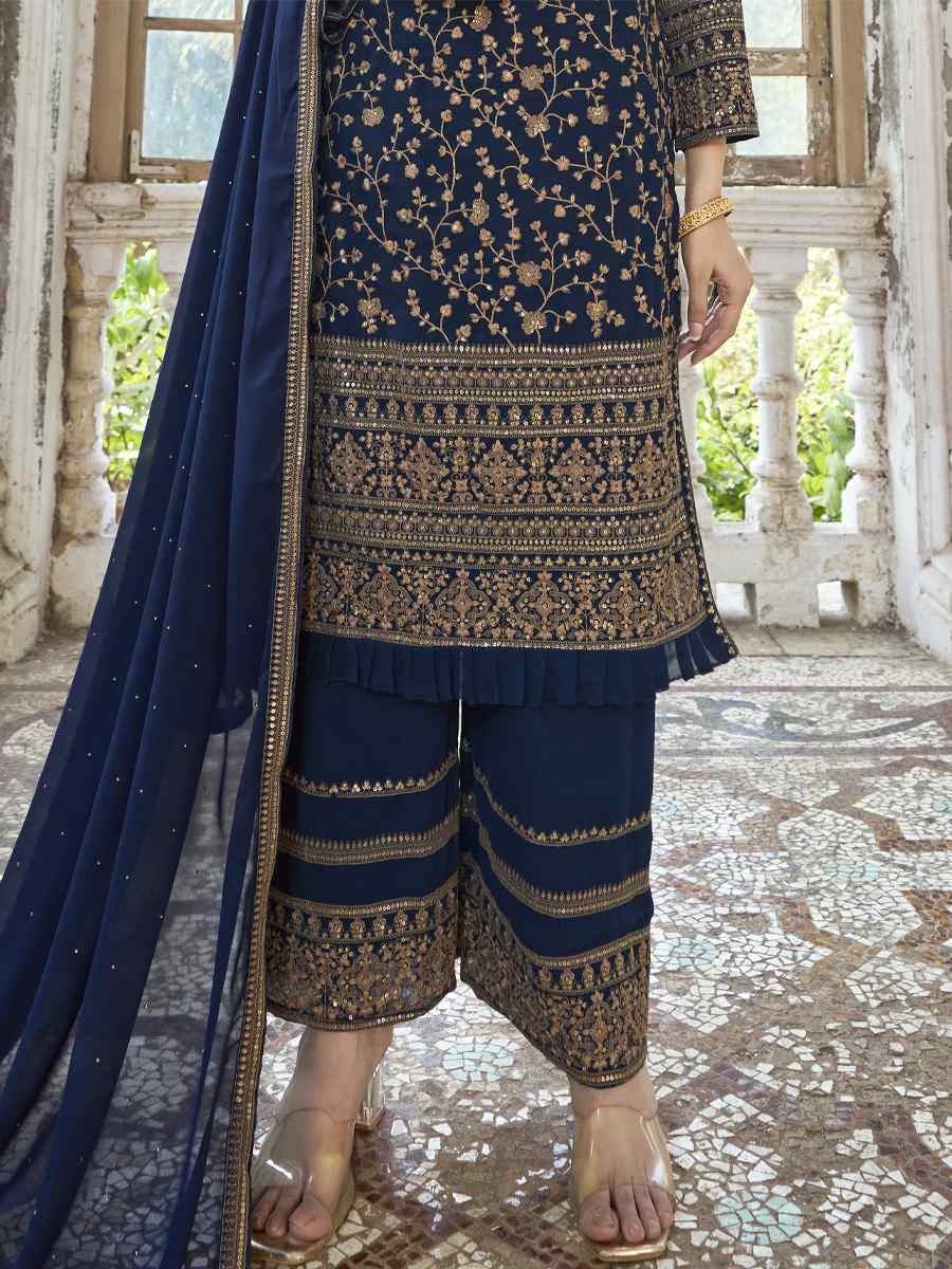 Navy Blue Heavy Faux Georgette Embroidered Festival Wedding Pant Salwar Kameez