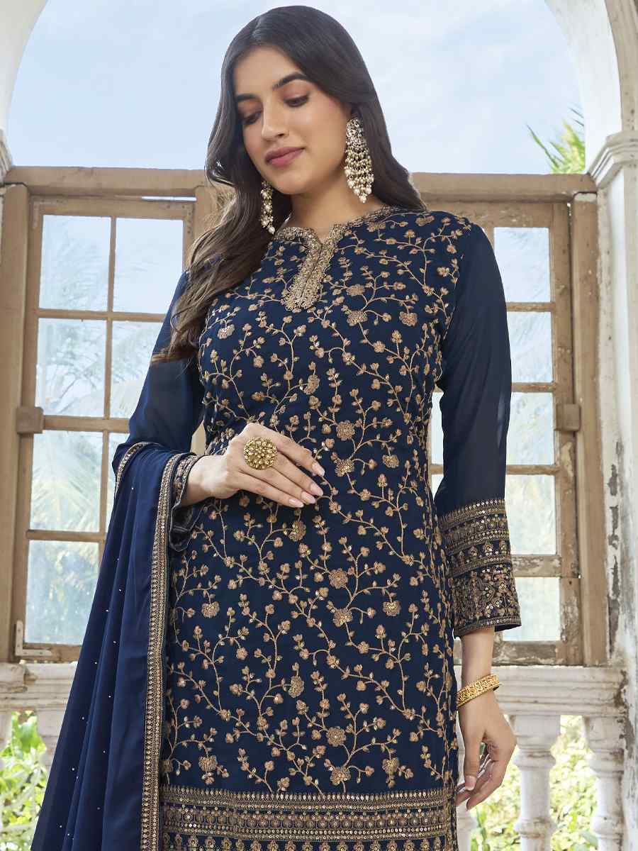 Navy Blue Heavy Faux Georgette Embroidered Festival Wedding Pant Salwar Kameez